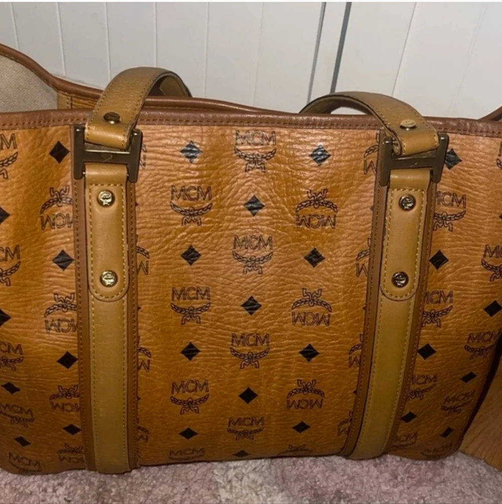 MCM Visetos Brown cognac Logo Tote Bag signature coated canvas with leather trim - Picture 3 of 12